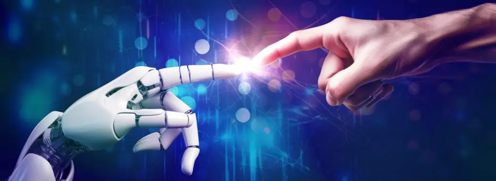 A hand reaching out to a robot, providing an image of AI.